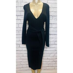 Good American Womens Black Ribbed Tie Waist Long Sleeve Sweater Dress Sz 4 NWOT